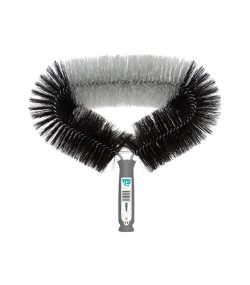 Black and white neck duster brush with stand for post-haircut cleaning.